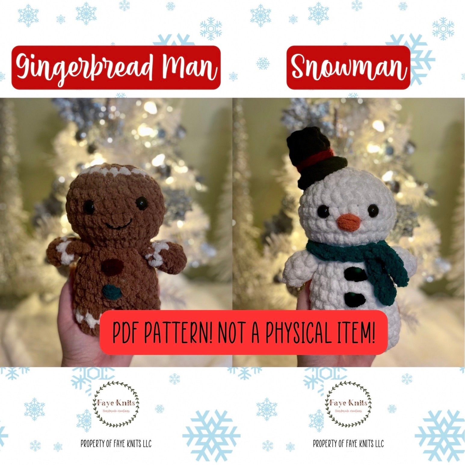 Christmas Cuties crochet pattern bundle, no sew gingerbread man, low sew snowman