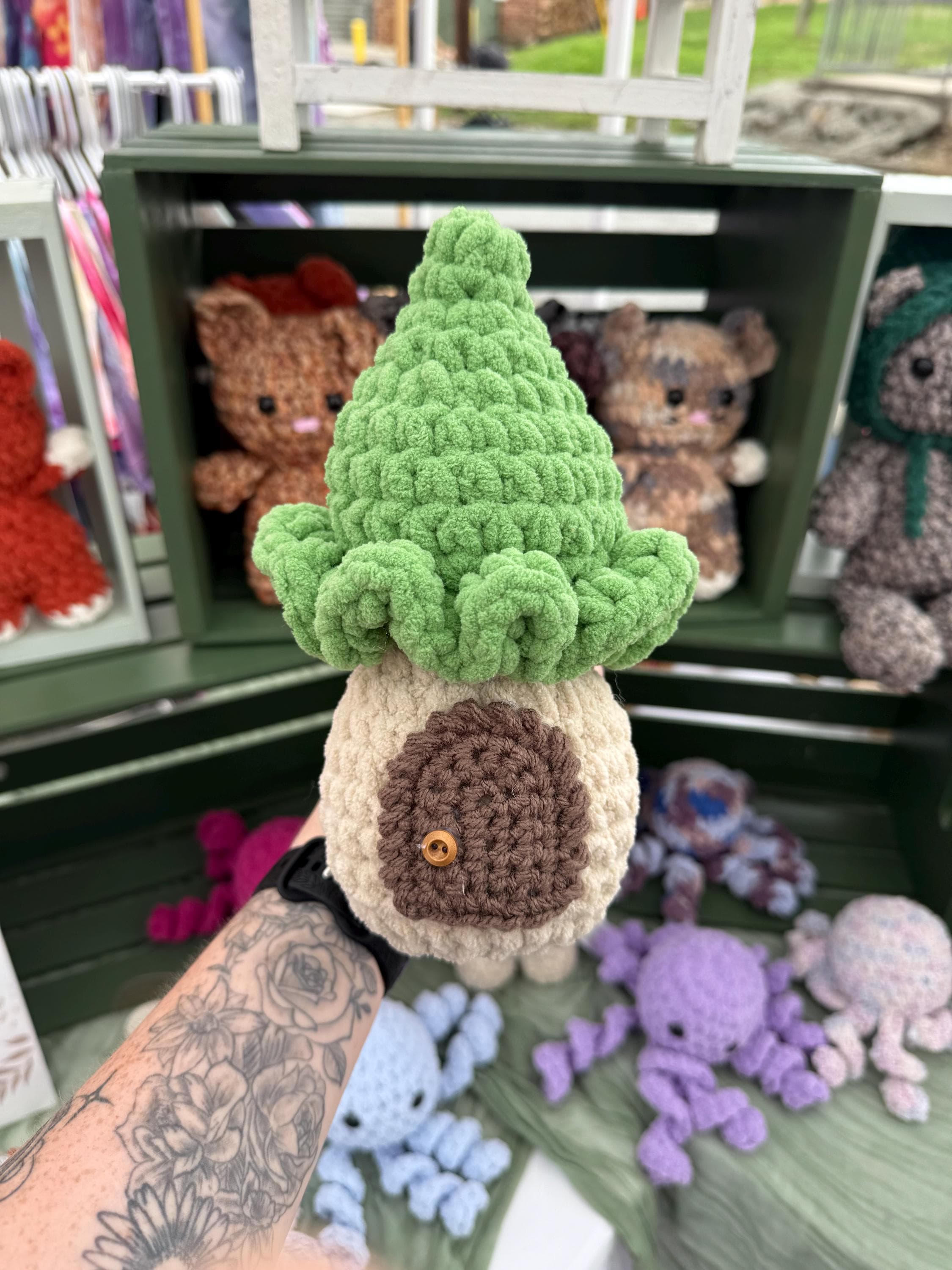 Cuddle-Cap Cottage, crochet fairy mushroom house, cottage toy