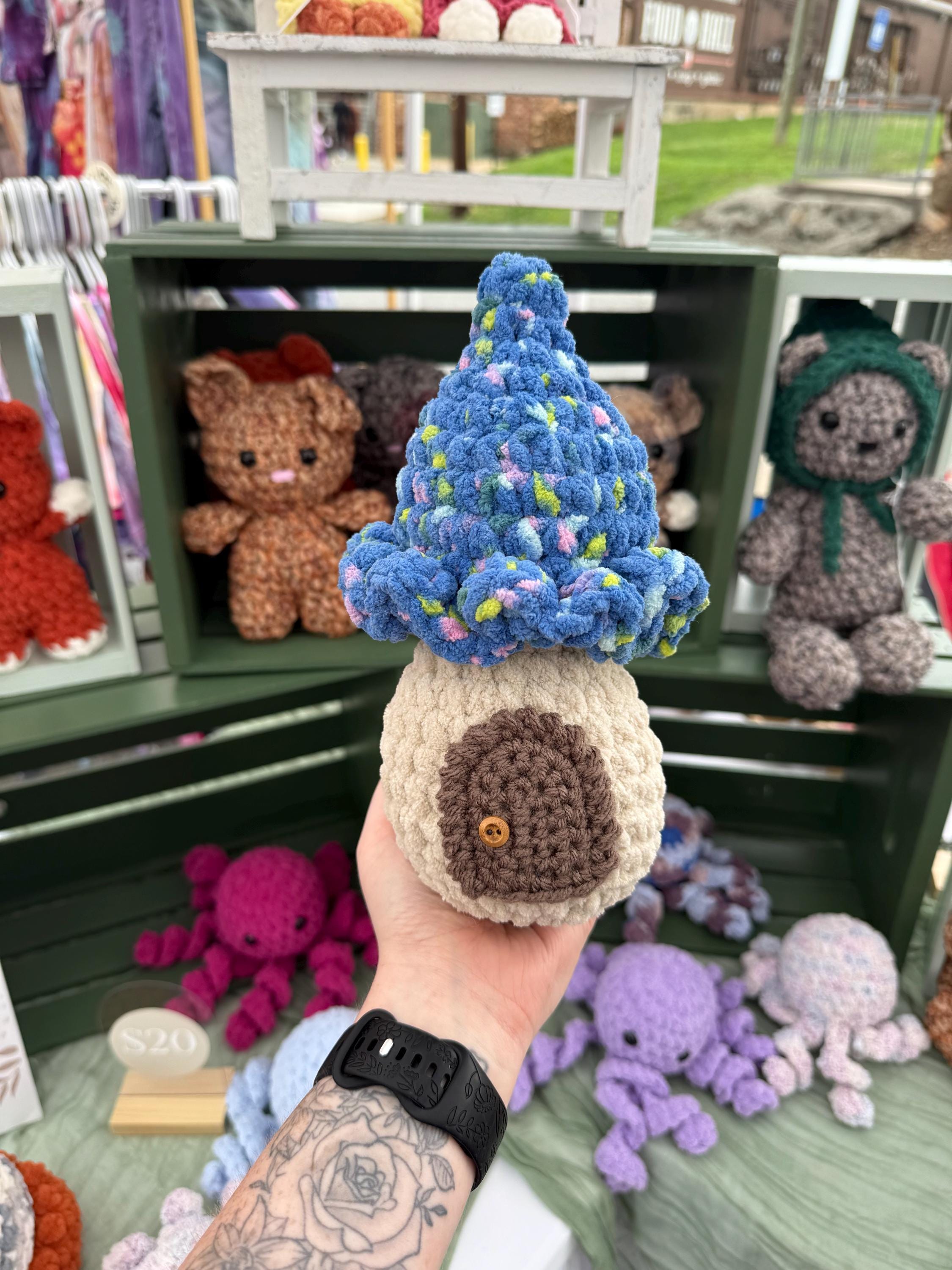 Cuddle-Cap Cottage, crochet fairy mushroom house, cottage toy
