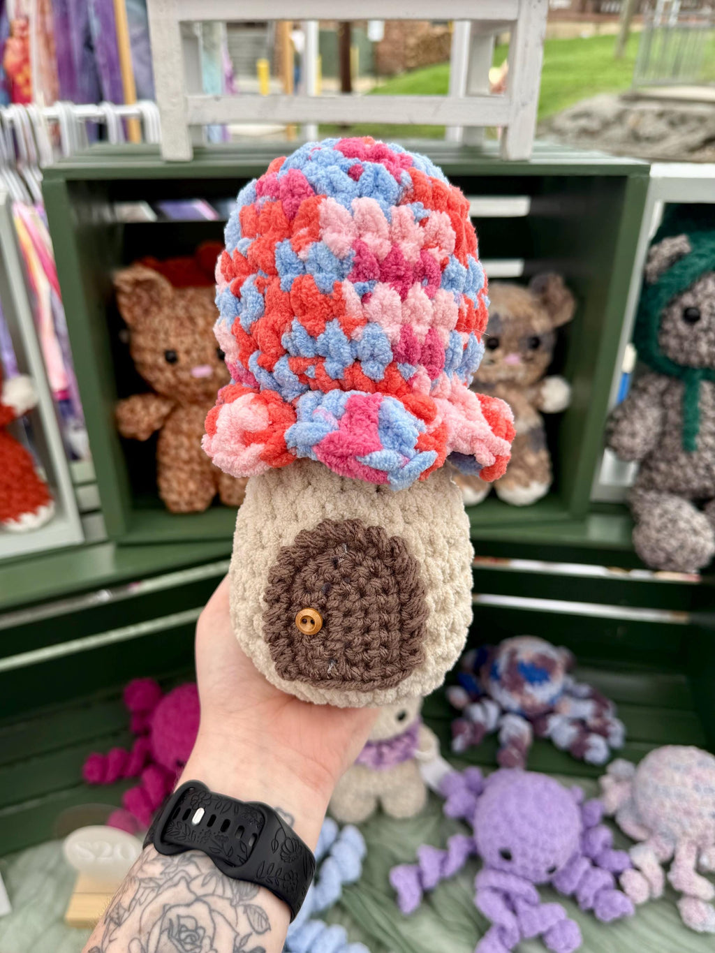 Cuddle-Cap Cottage, crochet fairy mushroom house, cottage toy