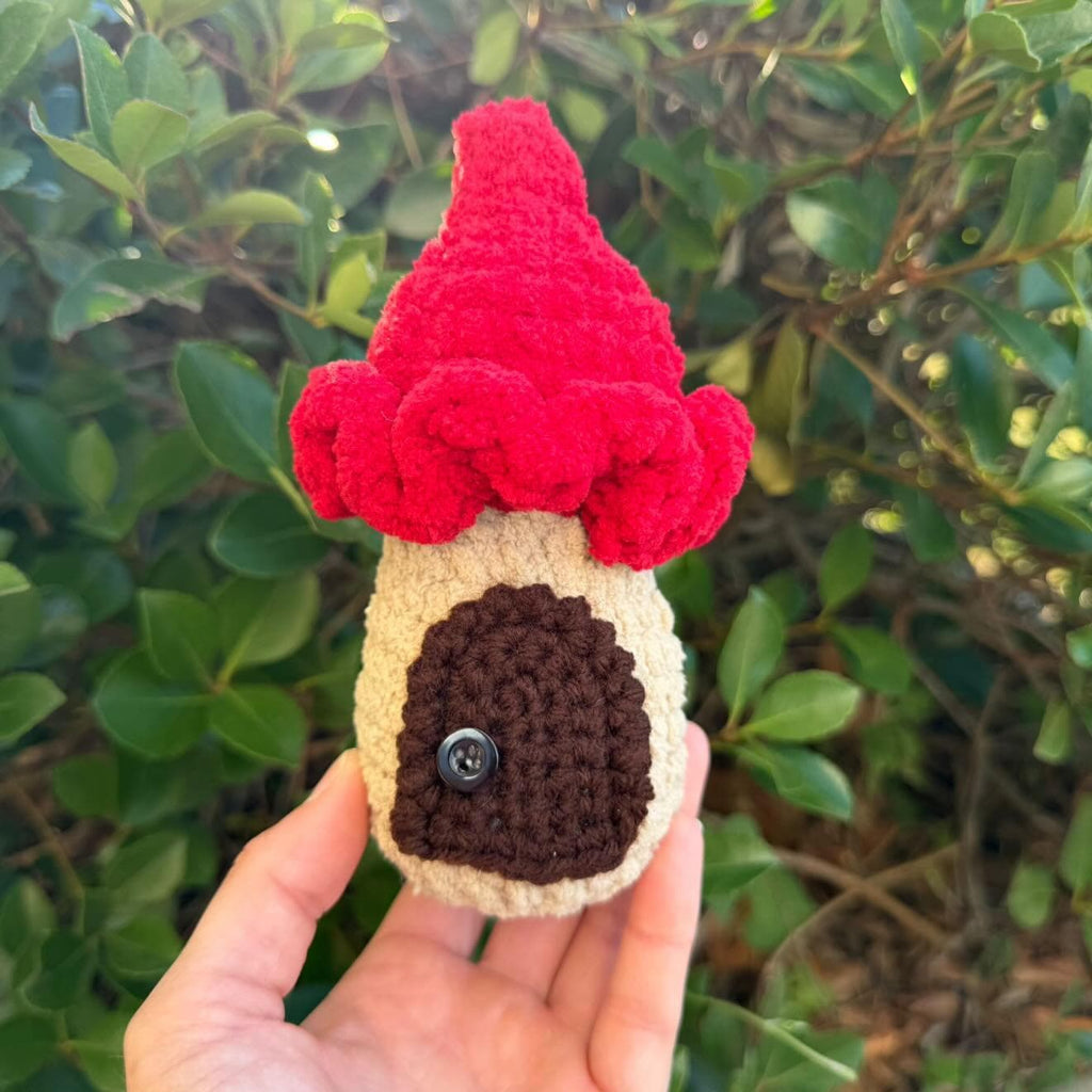 Cuddle-Cap Cottage, crochet fairy mushroom house, cottage toy
