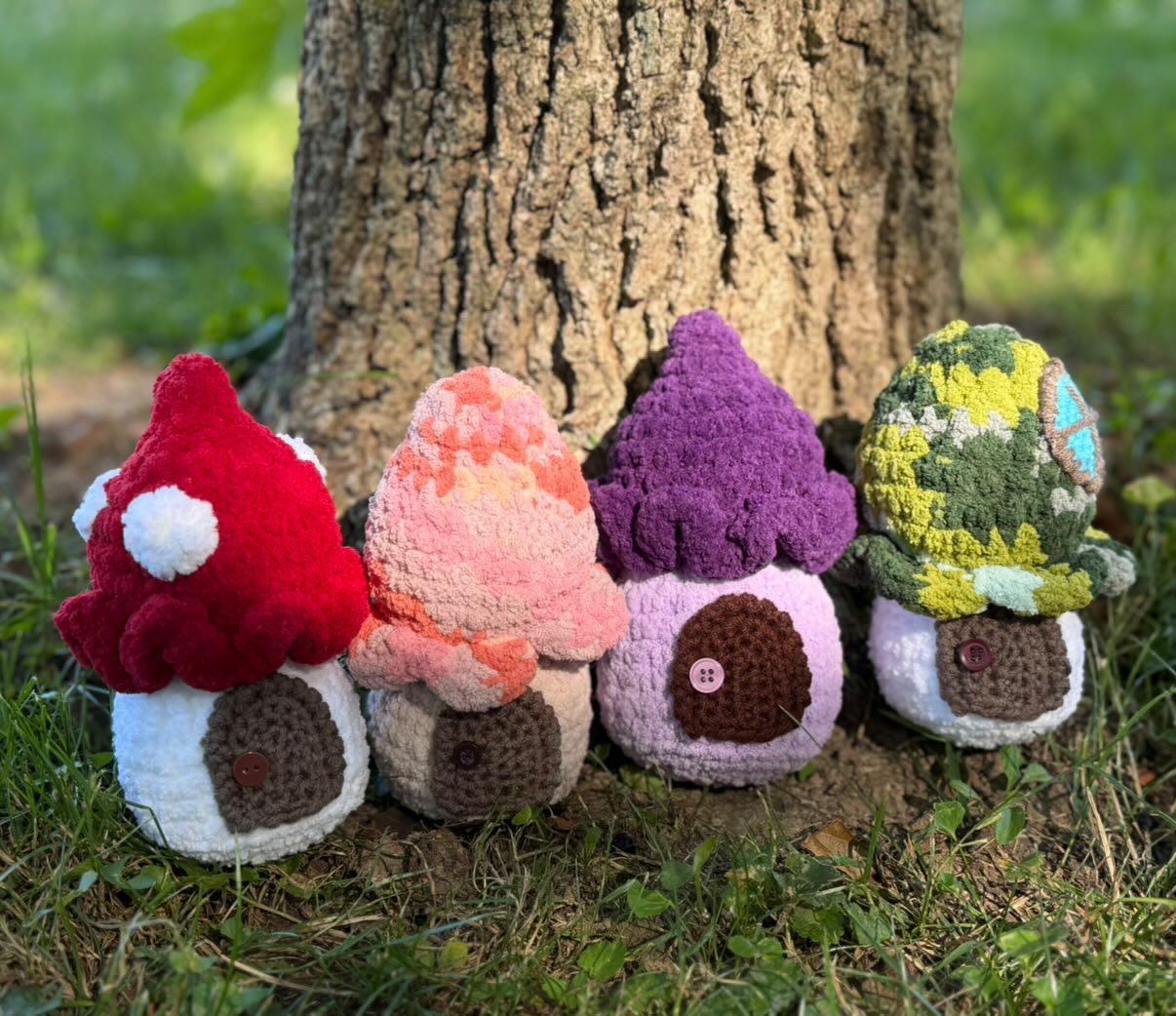 Cuddle-Cap Cottage, crochet fairy mushroom house, cottage toy